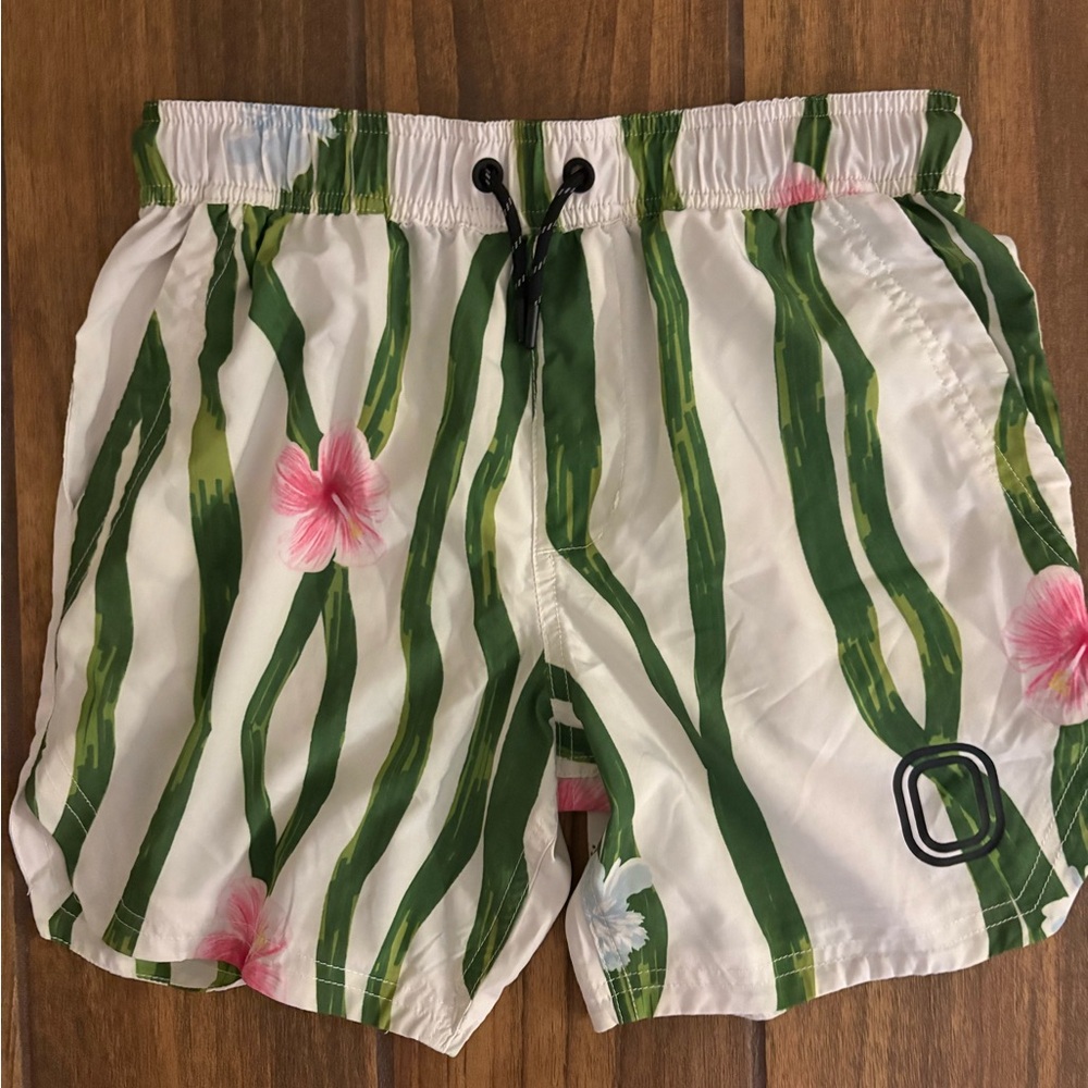 Boys White Floral Swim Trunks with Green Stripe Print